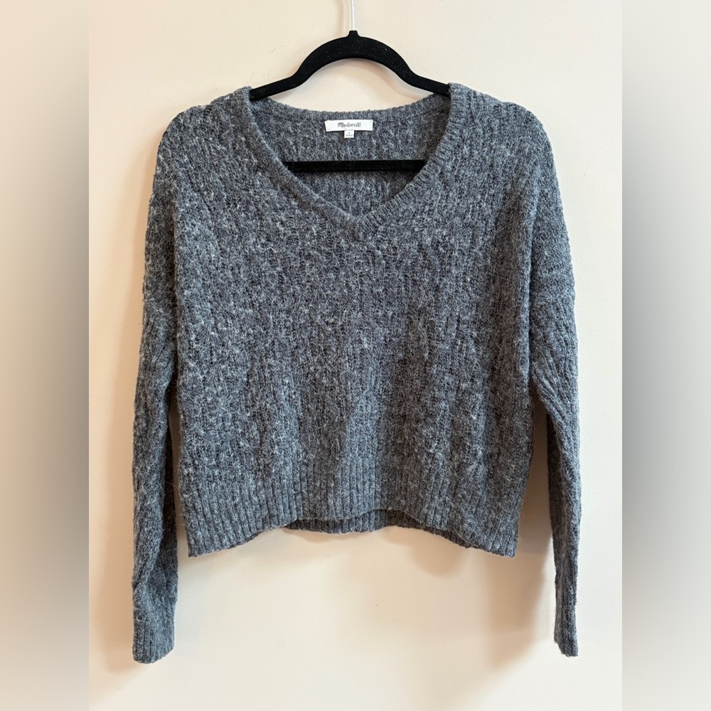 Madewell Alpaca Blend Fuzzy Knit Gray Cropped Long Sleeve Sweater Crop Top Shirt